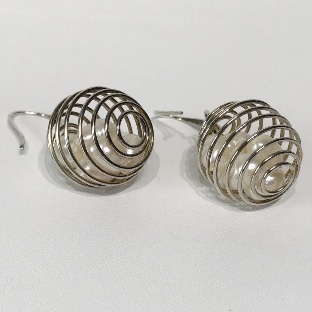 Vintage Sterling Silver 925 Wire Cage 6 Baroque Pearl Egg Basket Drop Earrings - Picture 14 of 16